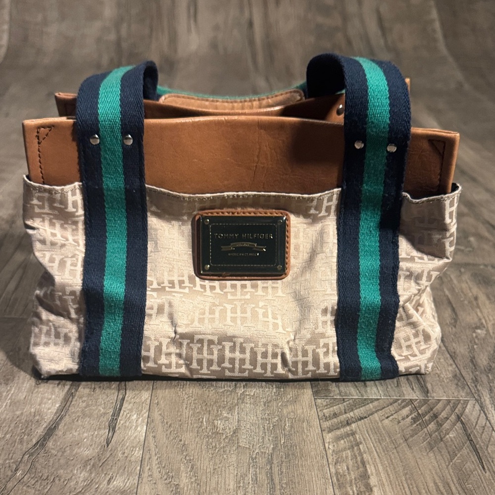 Tommy Hilfiger Tan and Cream Tote with Green and Blue Stripes
